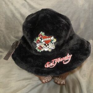 Ed Hardy Black Faux Fur Hat with Embroidered Design